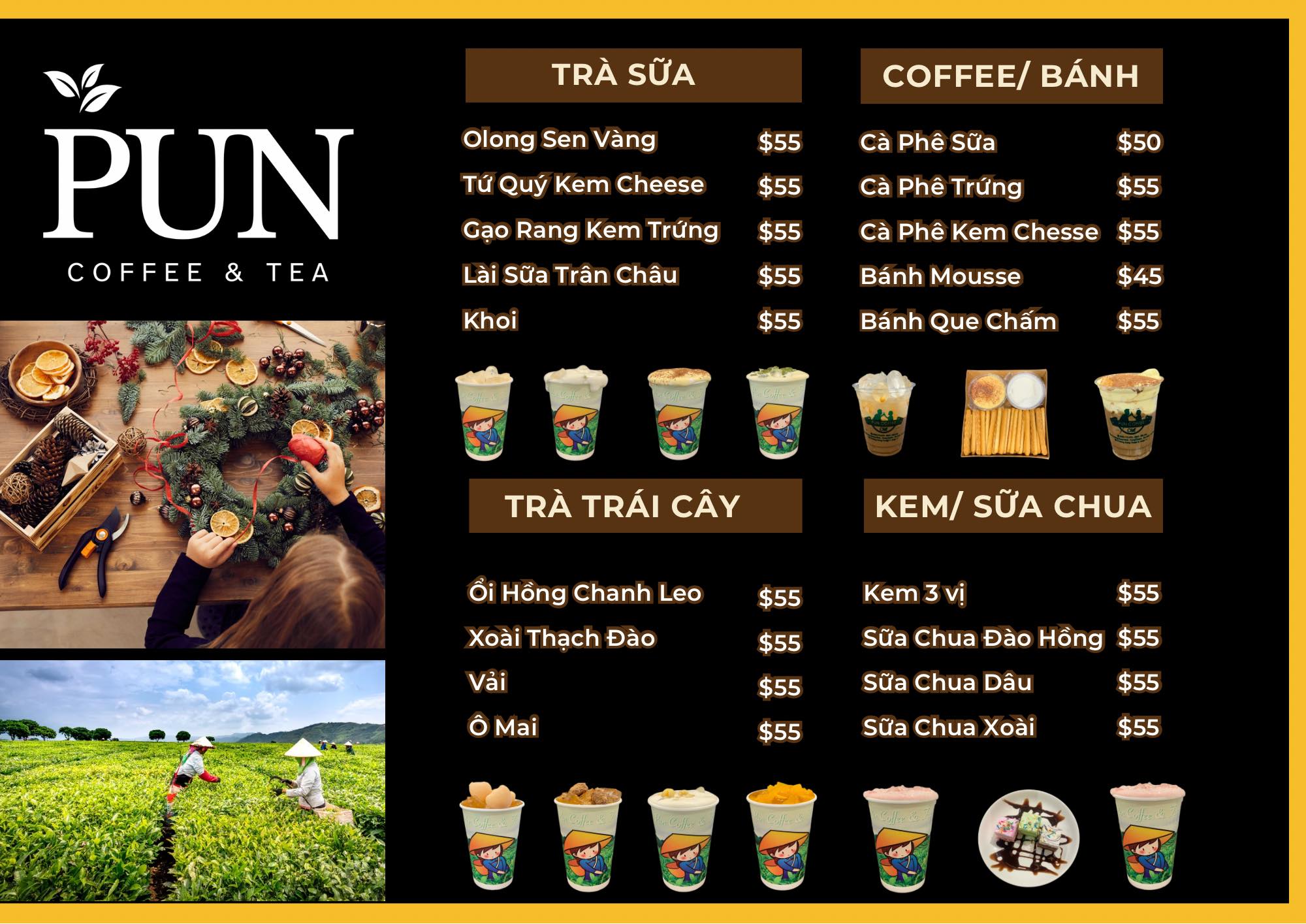 Menu đồ uống đa dạng các món tại Pun Coffee
