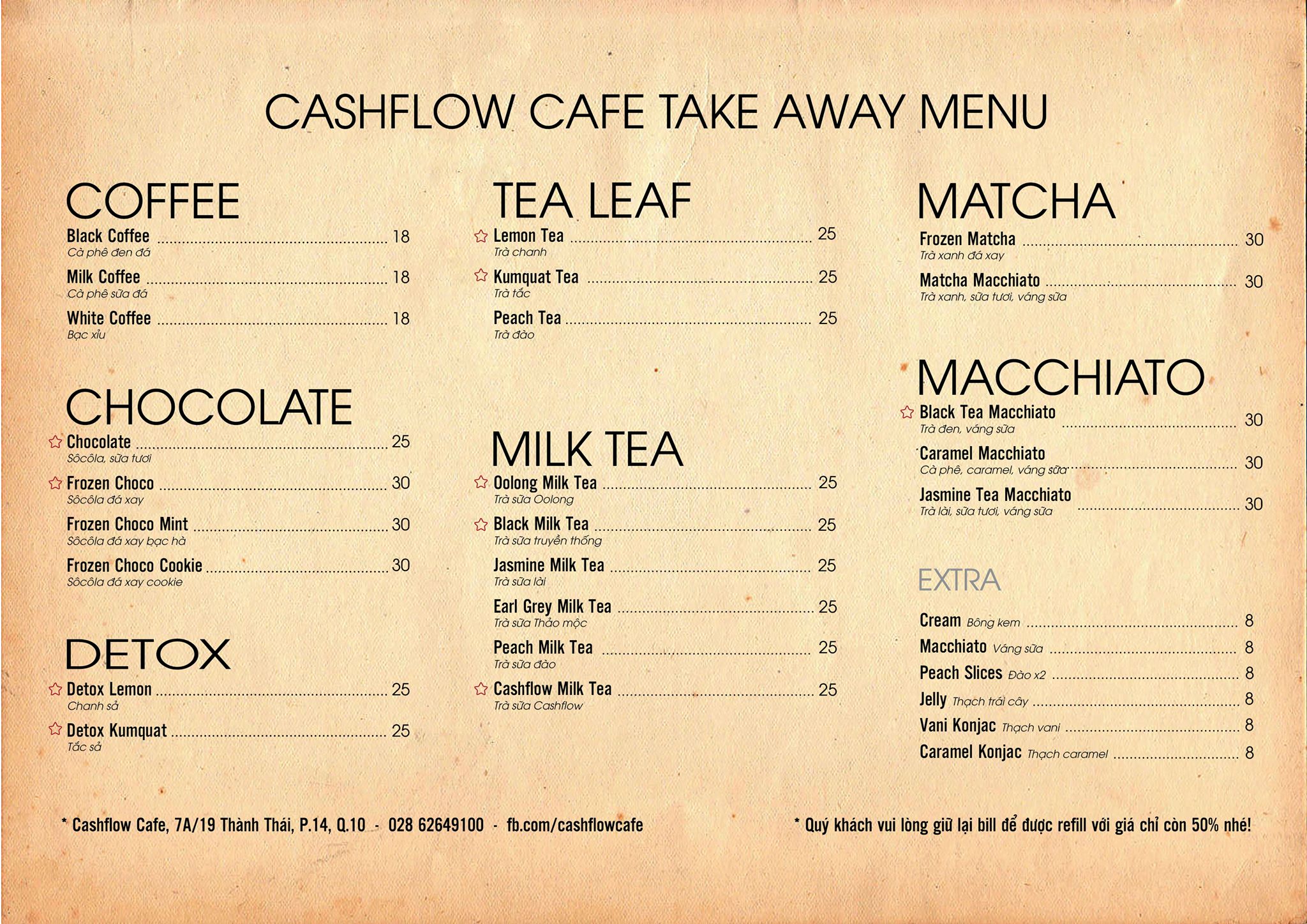 Menu đồ uống với nhiều loại đồ uống ngon hấp dẫn tại CashFlow Boardgame Cafe 