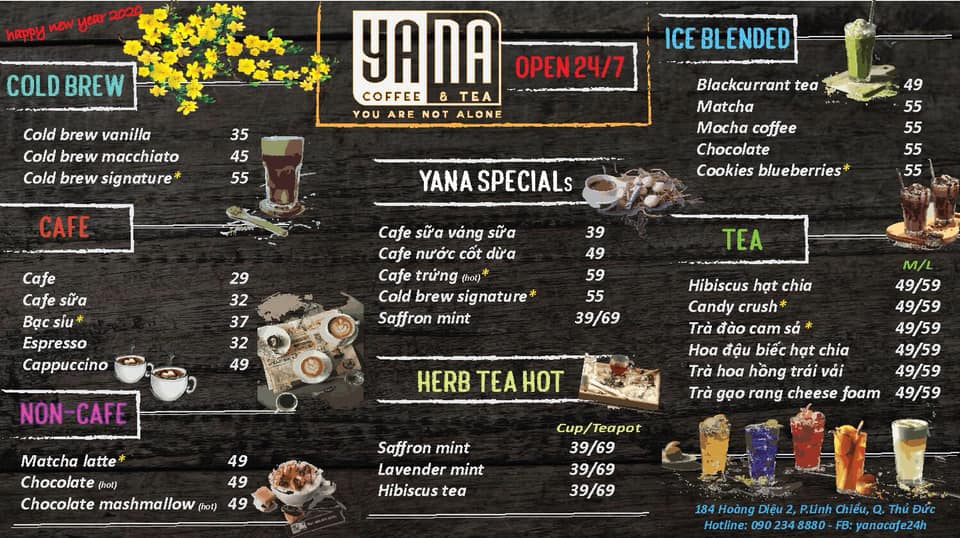 Menu đa dạng đồ uống tại Yana Coffee & Tea 