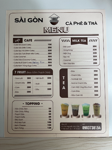 Menu đa dạng đồ uống tại Sài Gòn 94 Cà Phê & Trà