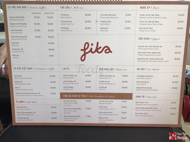 Thực đơn đồ uống tại Fika Cafe rất đa dạng, nhiều loại để lựa chọn