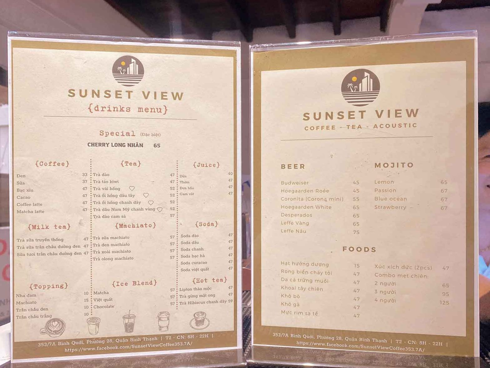 Menu đa dạng các loại đồ uống, đồ ăn tại Sunset View Coffee 