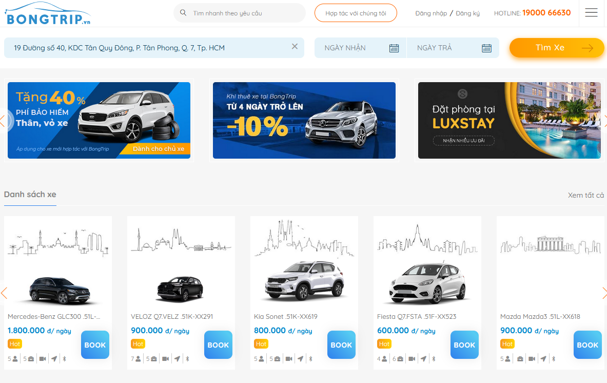 Bảng giá thuê xe tại bongtrip.vn