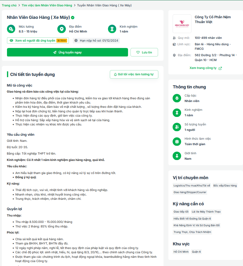Công Ty Cổ Phần Nệm Thuần Việt đang tuyển dụng nhân viên giao hàng bằng xe máy