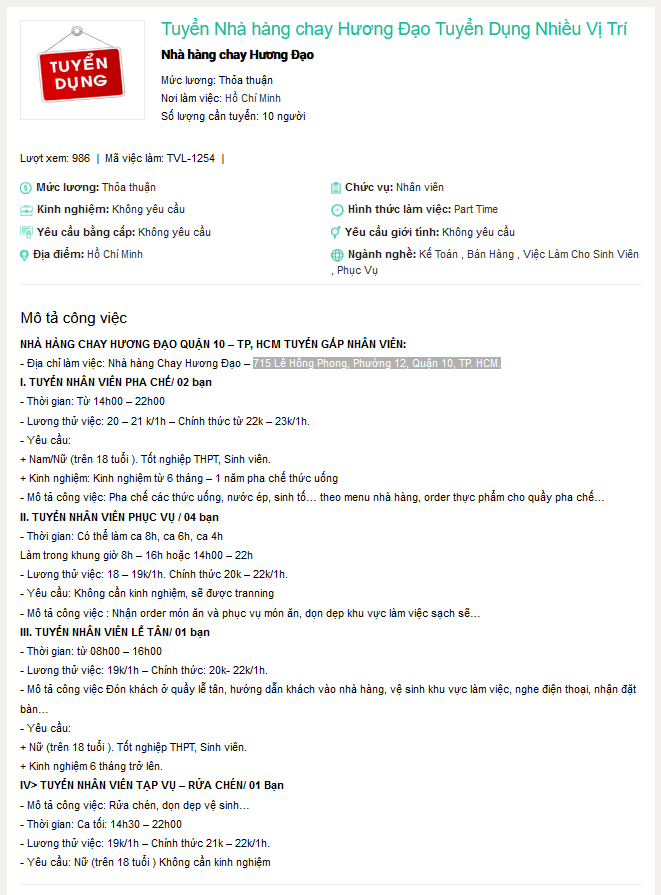 Nhà hàng chay Hương Đạo tuyển dụng nhiều vị trí