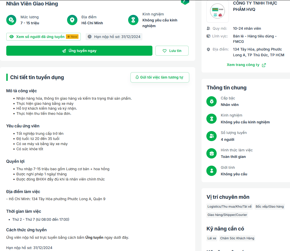 Công Ty TNHH Thực Phẩm HVQ FOOD tuyển nhân viên giao hàng