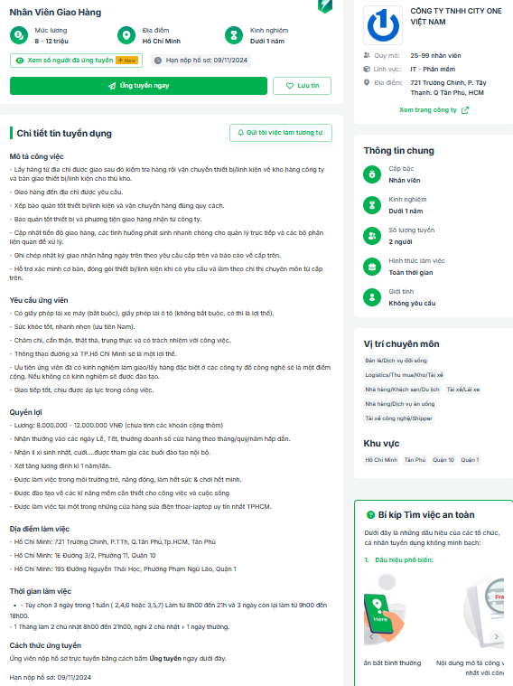 Công ty TNHH City One Việt Nam tuyển nhân viên giao nhận hàng bằng xe máy