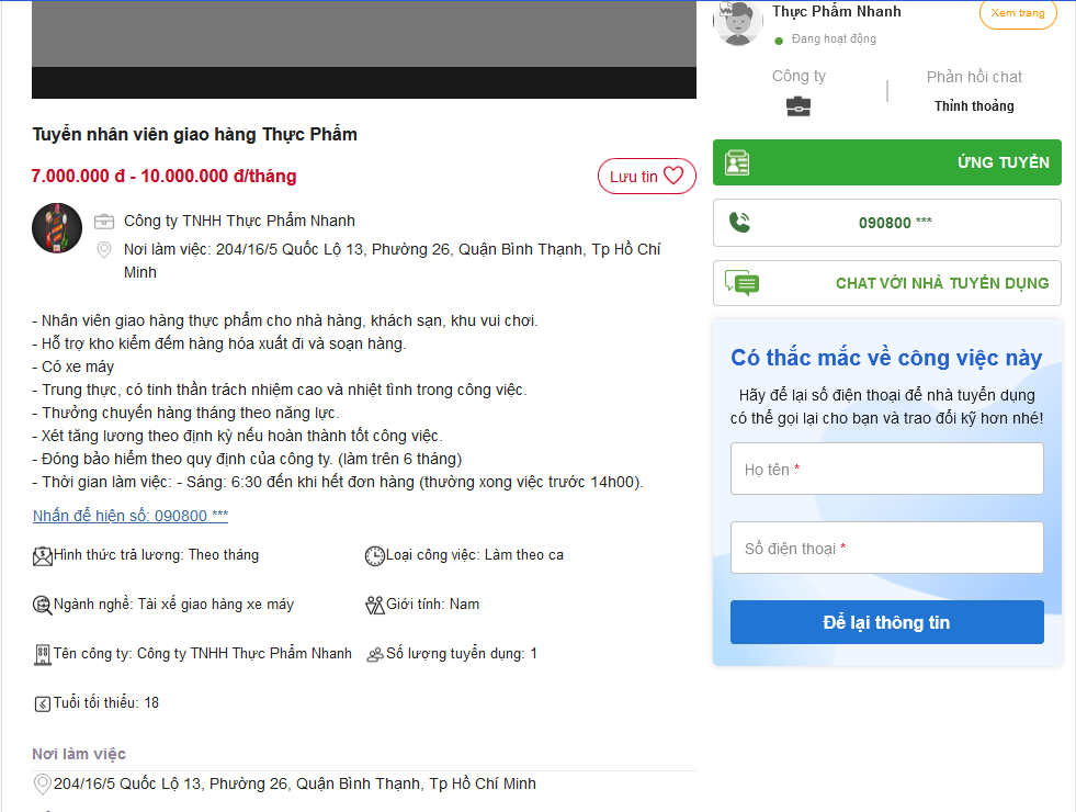Công ty TNHH Thực Phẩm Nhanh tuyển nhân viên giao hàng bằng xe máy