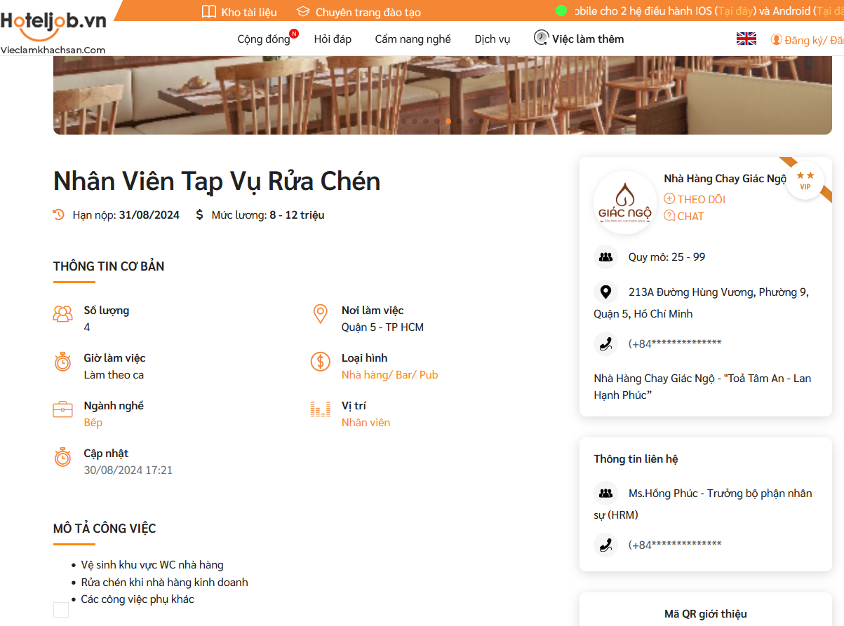 Nhà hàng Chay Giác Ngộ tuyển dụng rửa chén