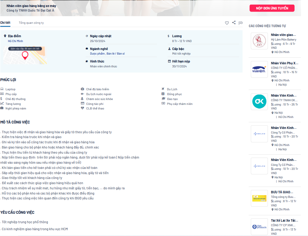 Công ty TNHH Quốc Tế Đại Cát Á đăng tuyển nhân giao hàng bằng xe máy