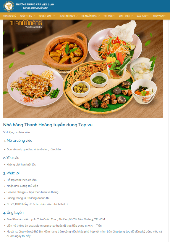 Nhà hàng chay Thanh Hoàng tuyển dụng nhân viên rửa chén