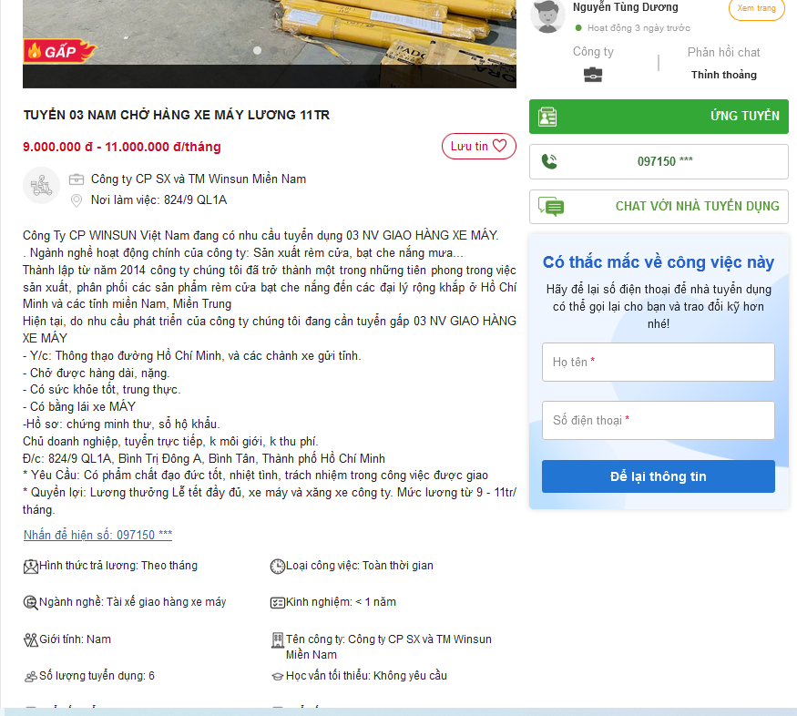 Công ty CP SX và TM Winsun Miền Nam tuyển nhân viên lái xe máy