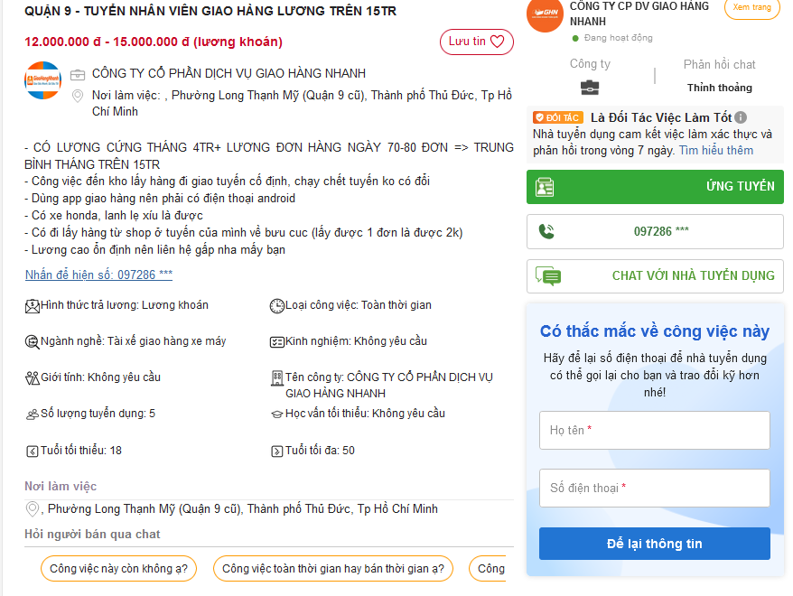 Giao Hàng Nhanh tuyển nhân viên giao hàng bằng xe máy