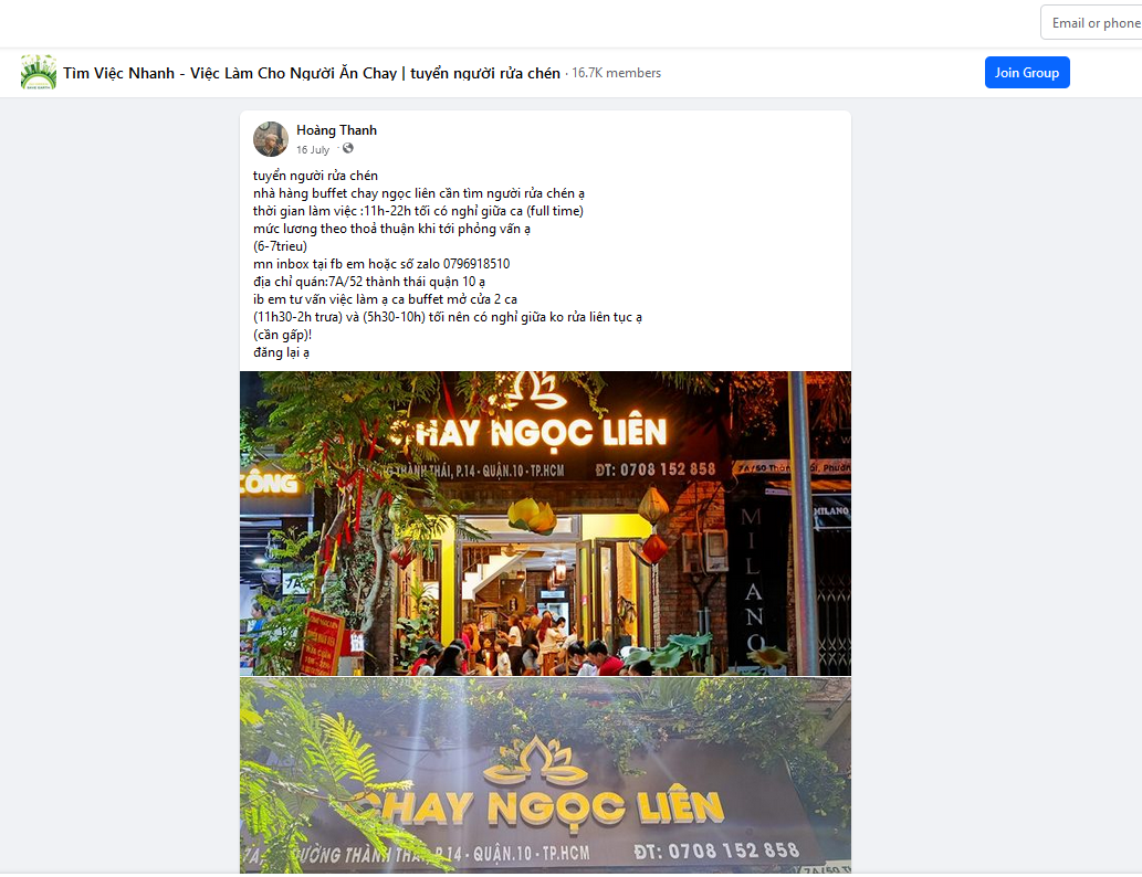 Quán chay Ngọc Liên đăng tin tuyển dụng nhân viên rửa chén