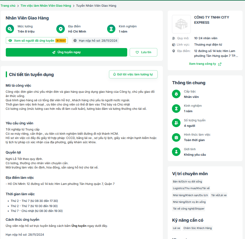 Công ty TNHH City Express đăng tin tuyển nhân viên giao hàng bằng xe máy