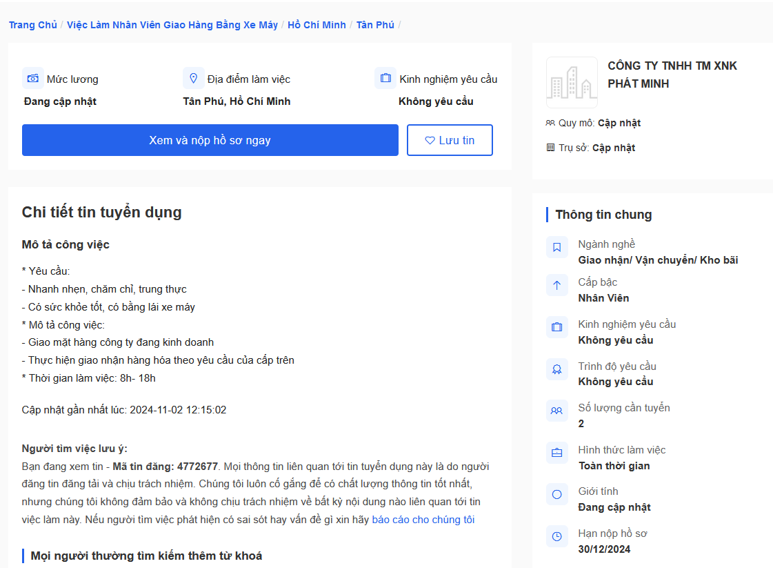 Công ty TNHH Thương Mại Xuất Nhập Khẩu Phát Minh tuyển nhân viên giao hàng bằng xe máy