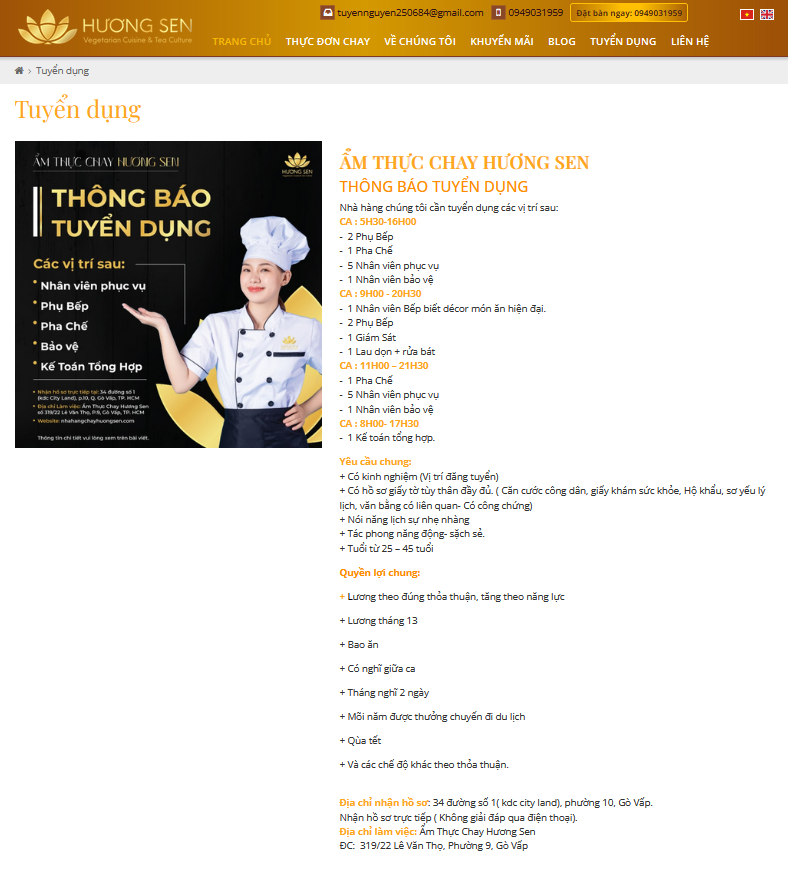 Nhà Hàng Chay Hương Sen tuyển dụng