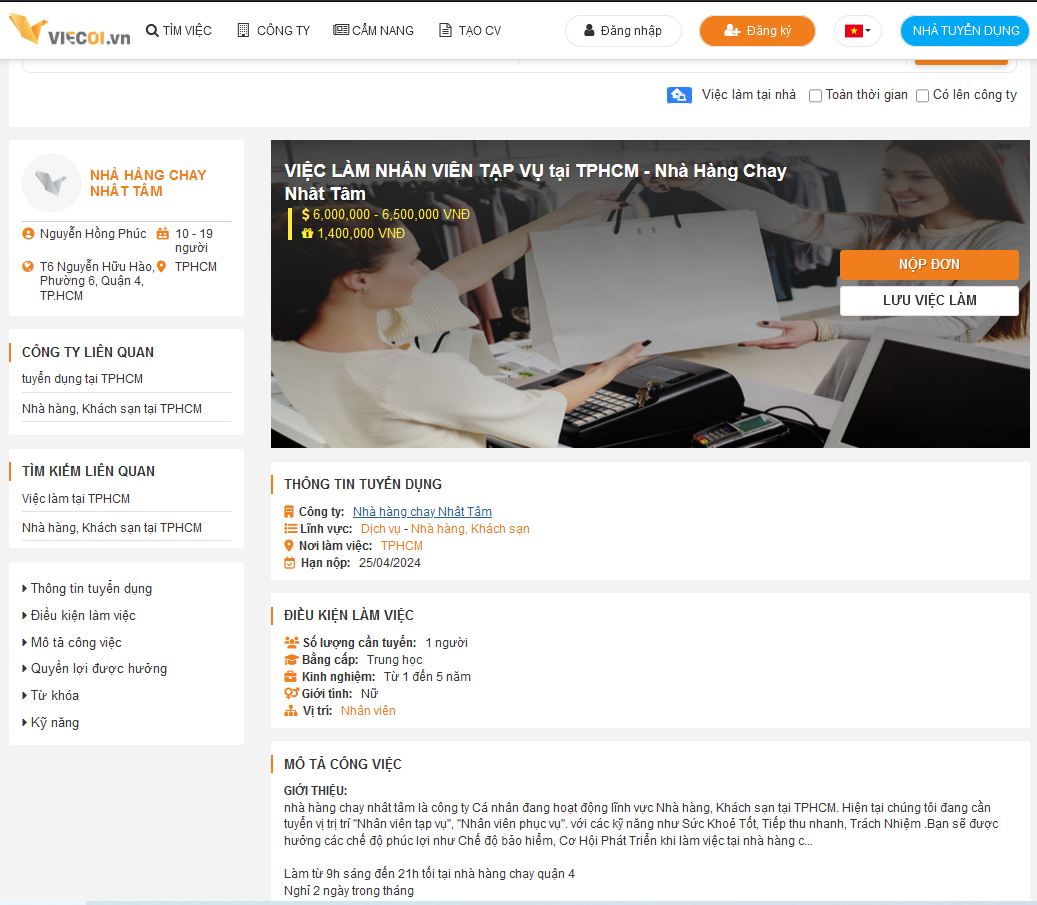 Nhà Hàng Chay Nhất Tâm tuyển dụng