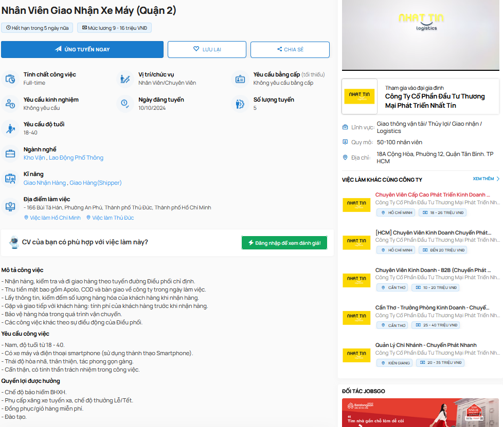 Công Ty Cổ Phần Đầu Tư Thương Mại Phát triển Nhất Tín tuyển vị trí giao hàng bằng xe máy