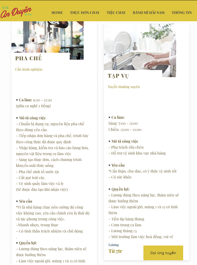 Nhà Hàng Chay Nhất Tâm tuyển dụng