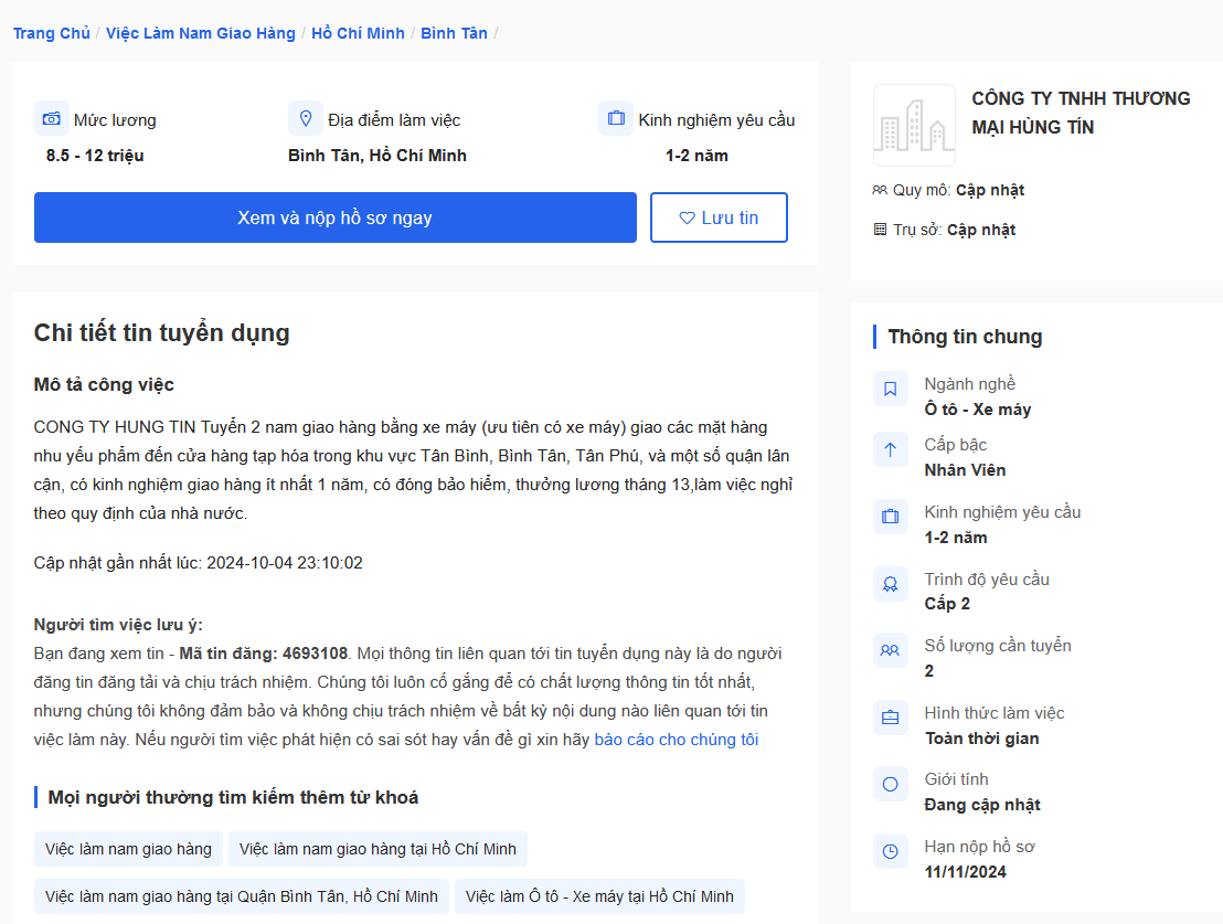 Công ty TNHH Thương mại Hùng Tín tuyển nhân viên giao hàng bằng xe máy