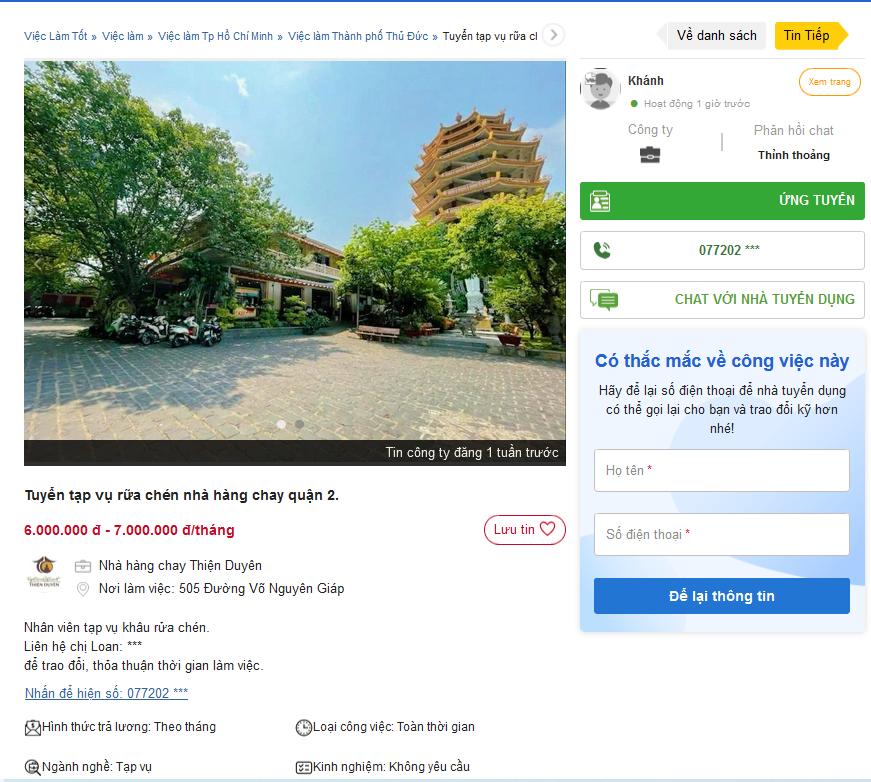 Tuyển dụng nv rửa chén tại nhà hàng chay Thiện Duyên 