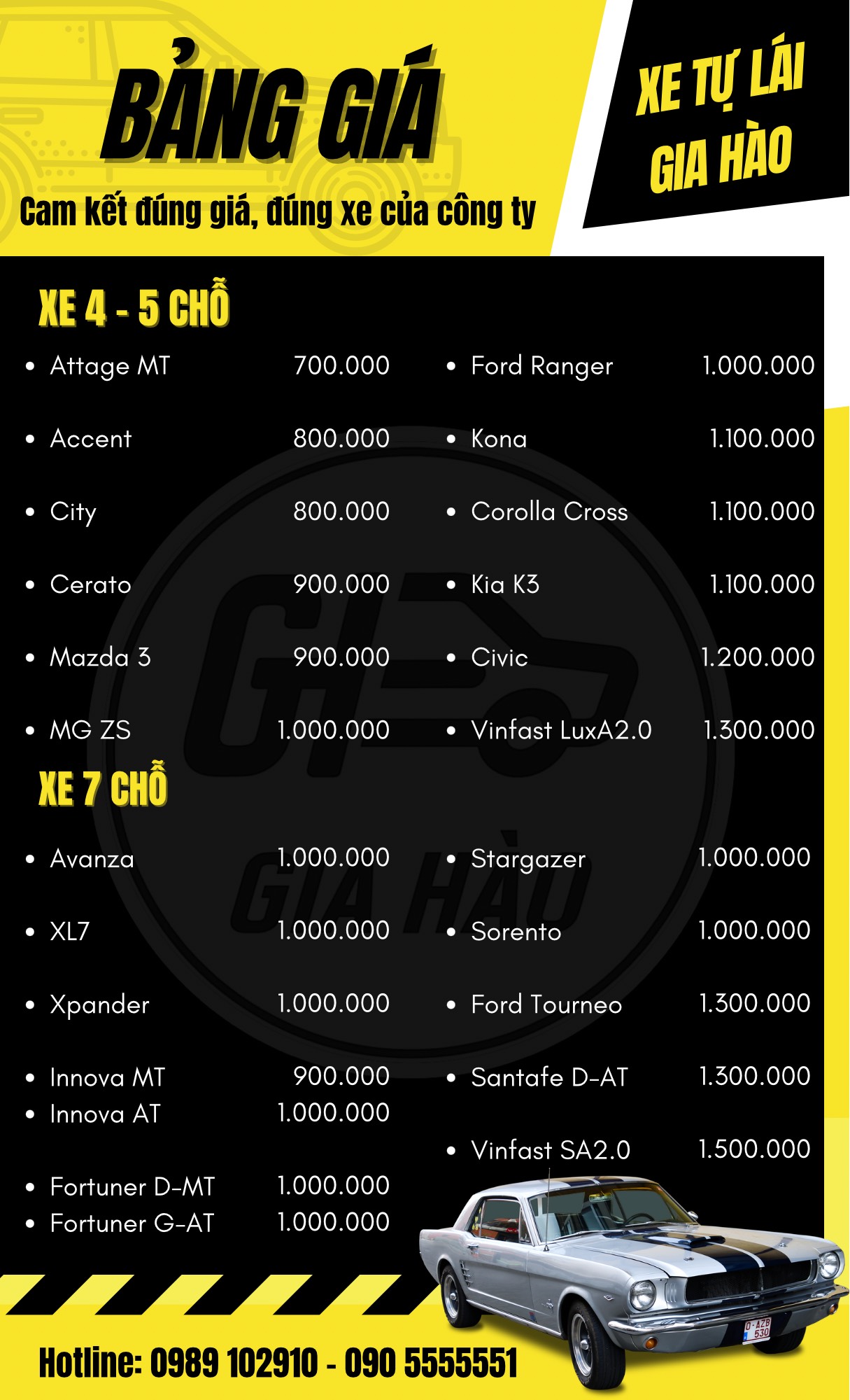 Bảng giá cho thuê xe ô tô tự lái - Gia Hào