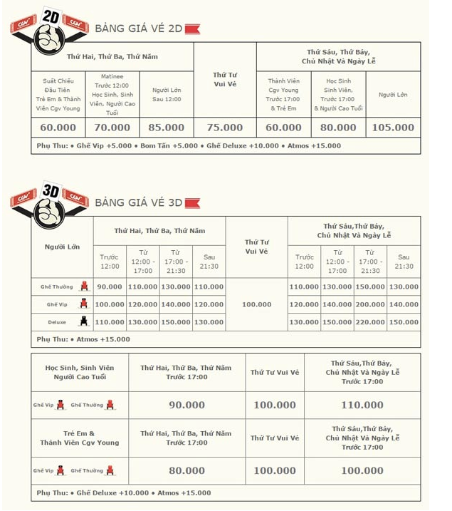 Bảng giá vé tại rạp CGV Cinemas Sài Gòn