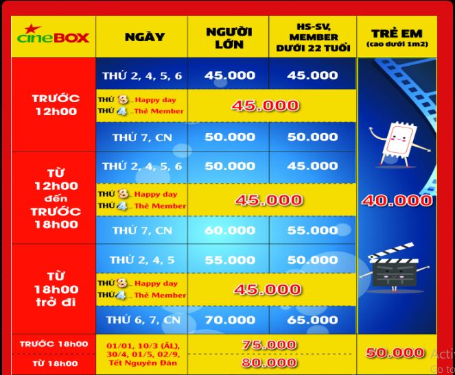 Bảng vé tại rạp chiếu phim Cinebox