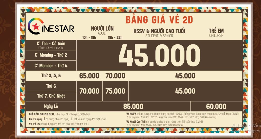 Giá vé xem phim 2D tại Cinestar Sài Gòn