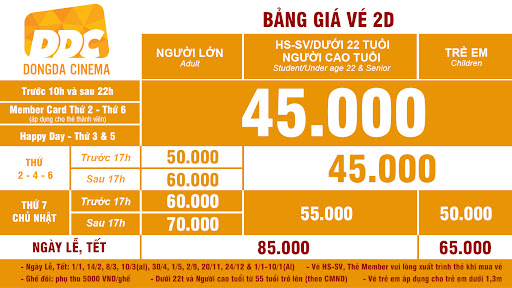 Bảng giá vé tại Rạp chiếu phim DDC